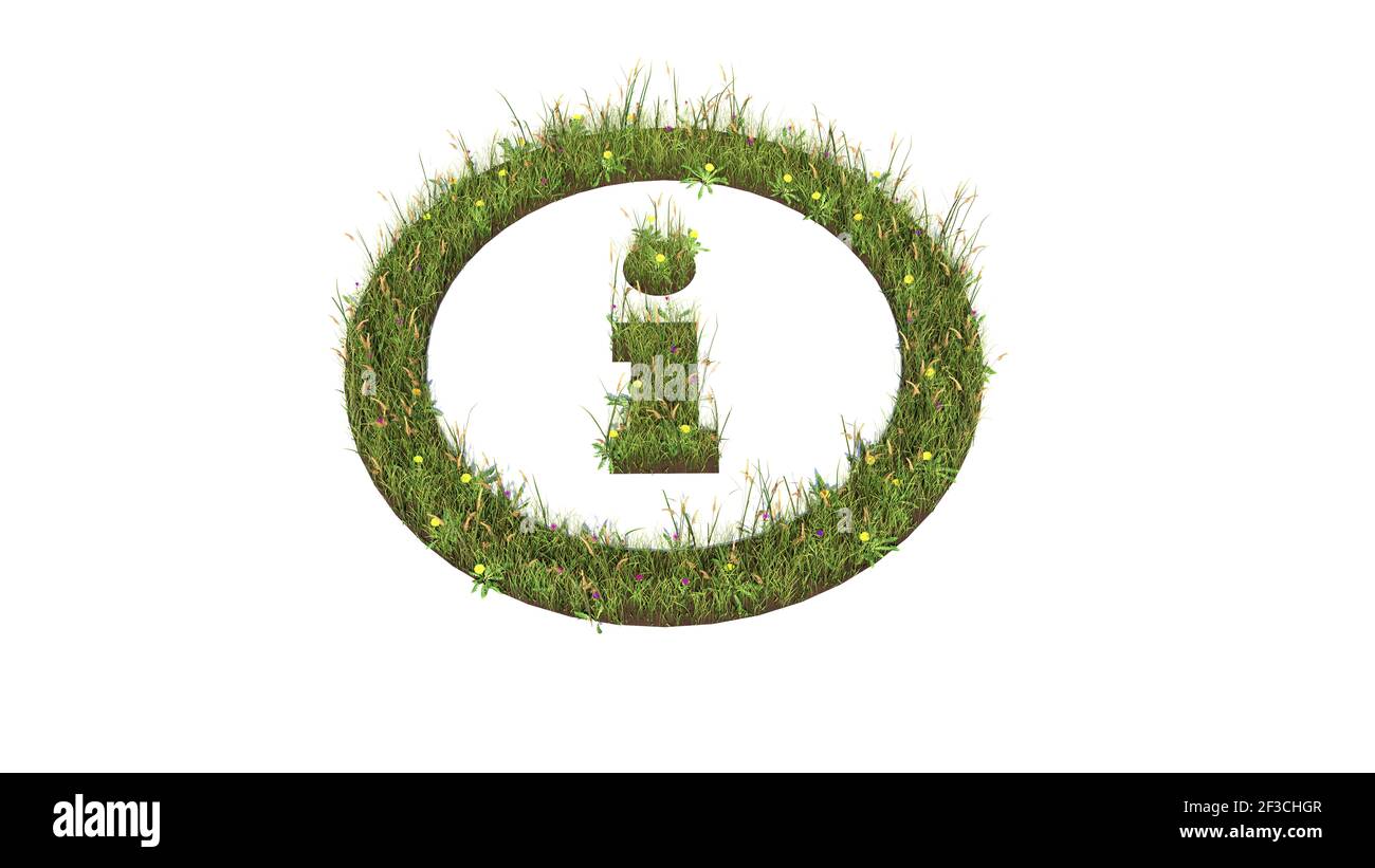 champ d'herbe 3d rendu avec des fleurs colorées en forme de symbole du panneau d'information dans le cercle avec la masse isolée sur arrière-plan blanc Banque D'Images