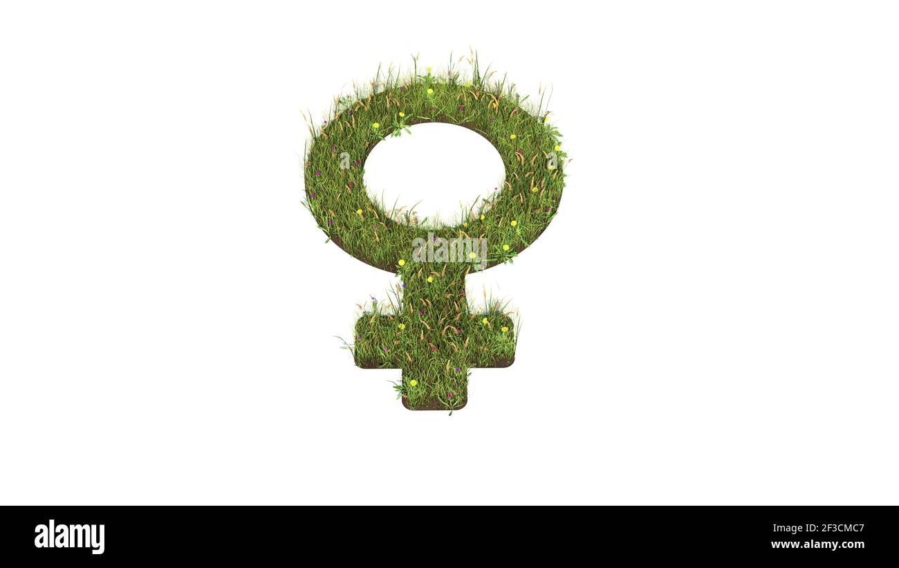 champ d'herbe 3d rendu avec des fleurs colorées en forme de symbole de signe de femme avec le sol isolé sur fond blanc Banque D'Images