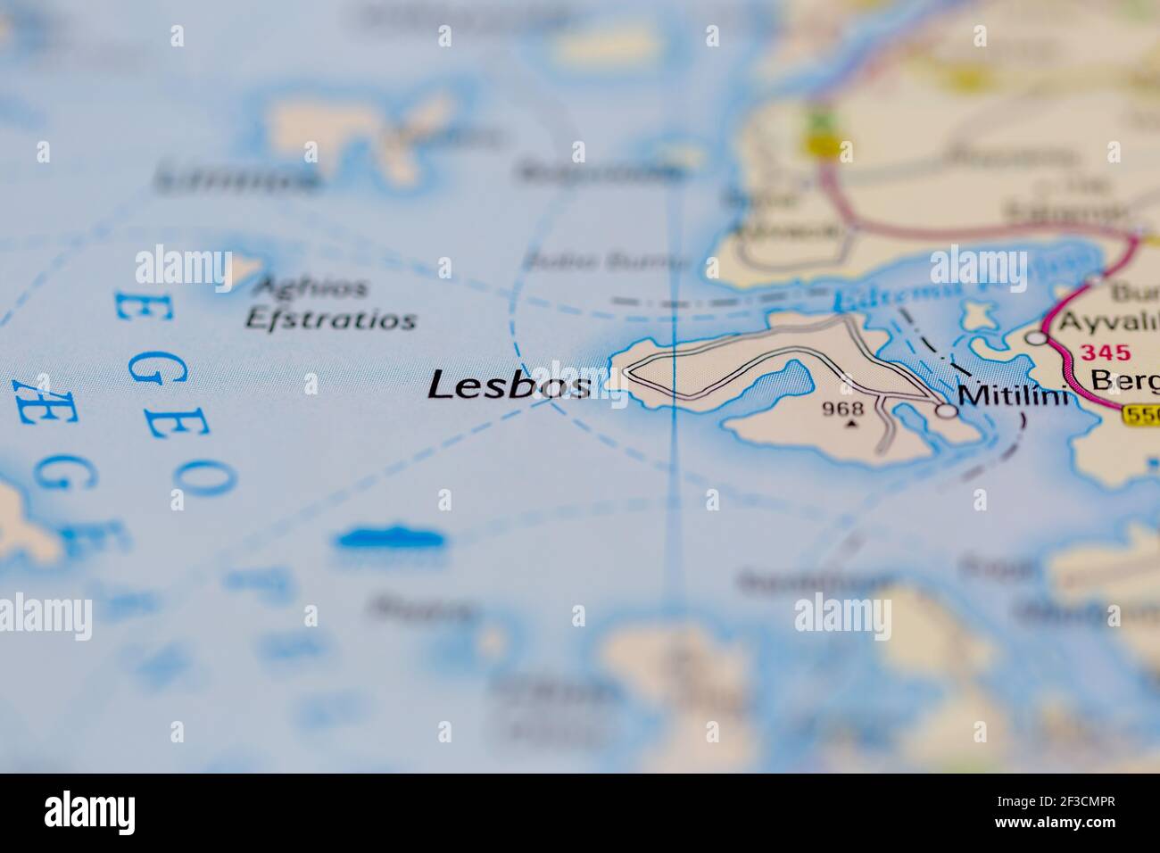 Les Lesbos sont affichés sur une carte géographique ou une carte routière Banque D'Images