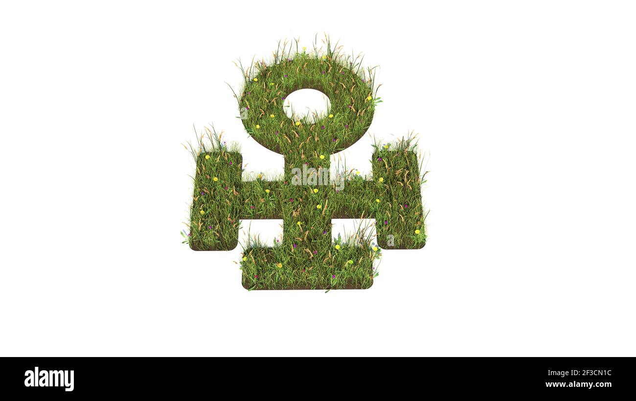 champ d'herbe 3d rendu avec des fleurs colorées en forme de symbole du signe de cuivre dans l'alchimie avec la terre isolée sur arrière-plan blanc Banque D'Images