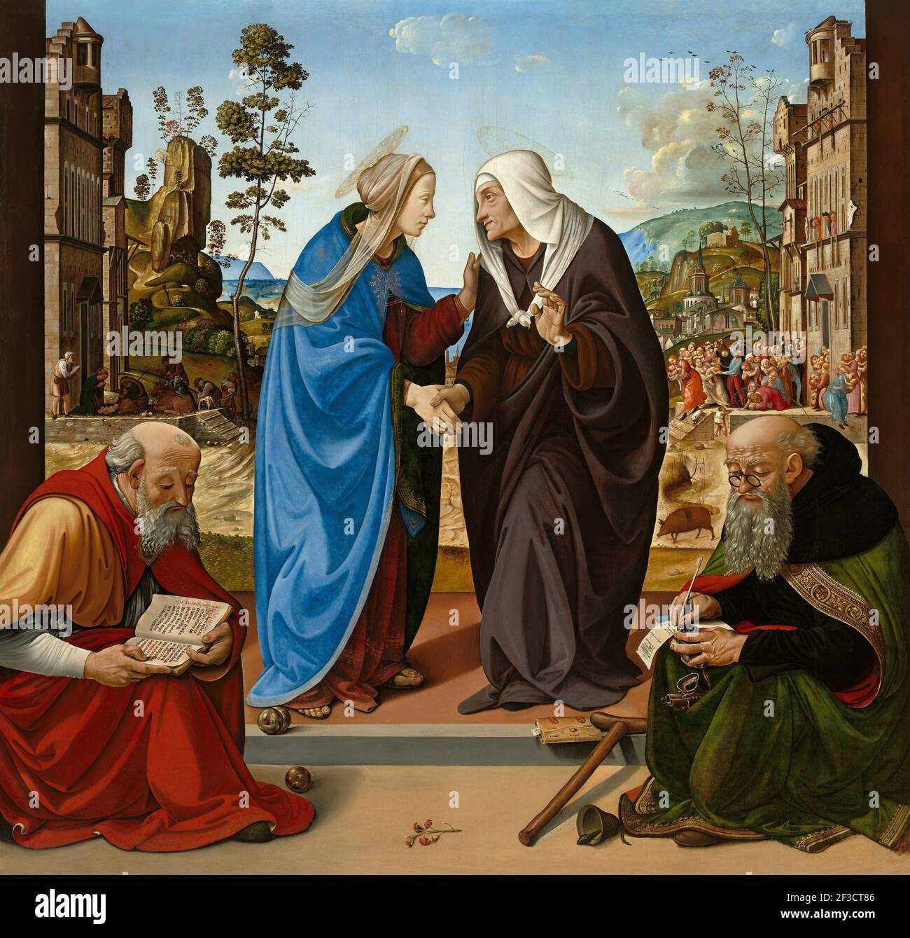 La visite avec Saint Nicholas et Saint Anthony Abbot, c. 1489/1490. Banque D'Images