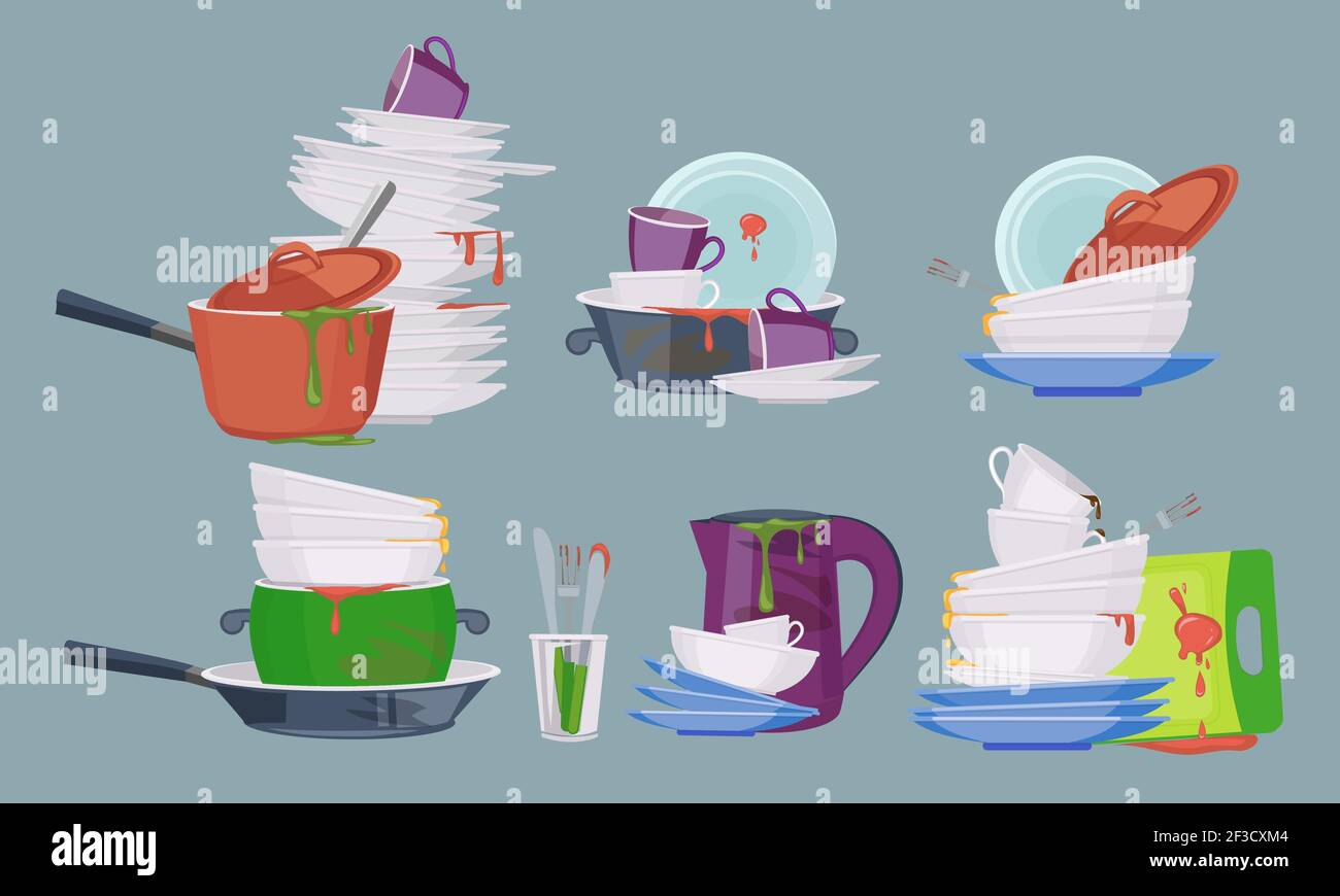Vaisselle sale. Cuisine de restaurant articles vides pour laver et nettoyer les assiettes sales mugs collection vectorielle Illustration de Vecteur