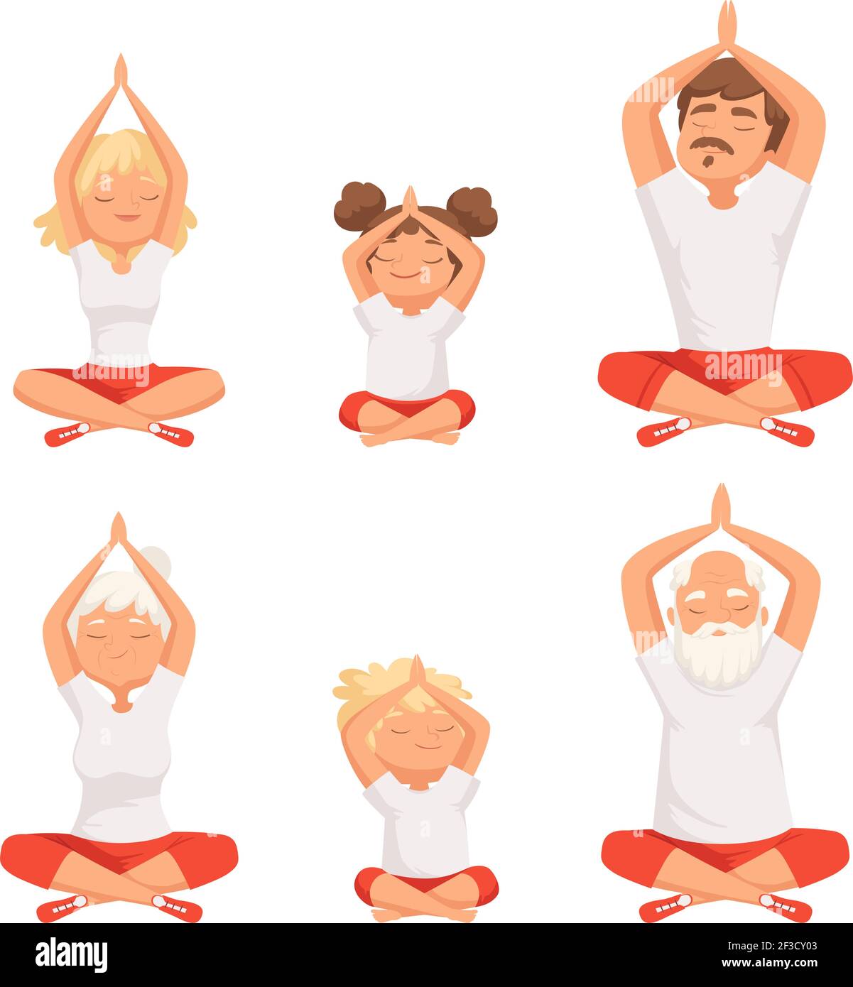 Yoga famille. Les parents et les enfants faisant des exercices de yoga et de méditation posent le bouddhisme des images vectorielles mâles et femelles âgés Illustration de Vecteur