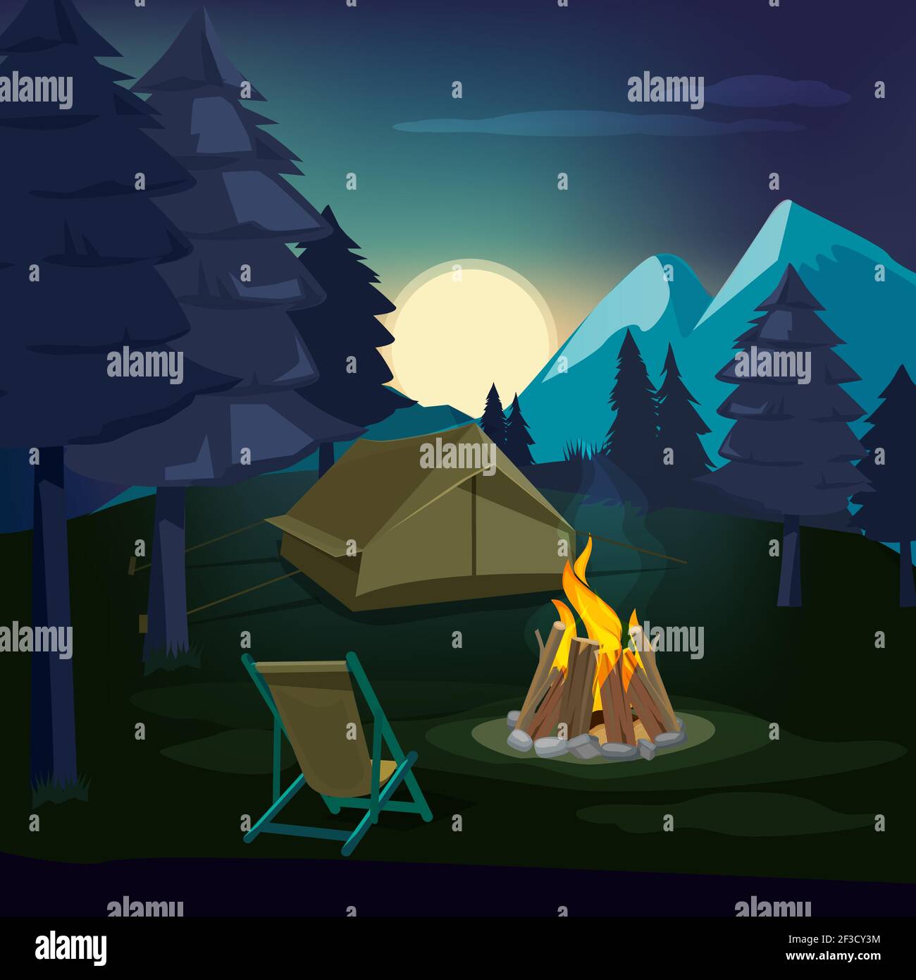 Feu de camp de nuit. Paysage en bois avec tente et cheminée avec grande flamme brûlée éclairage extérieur vecteur arrière Illustration de Vecteur