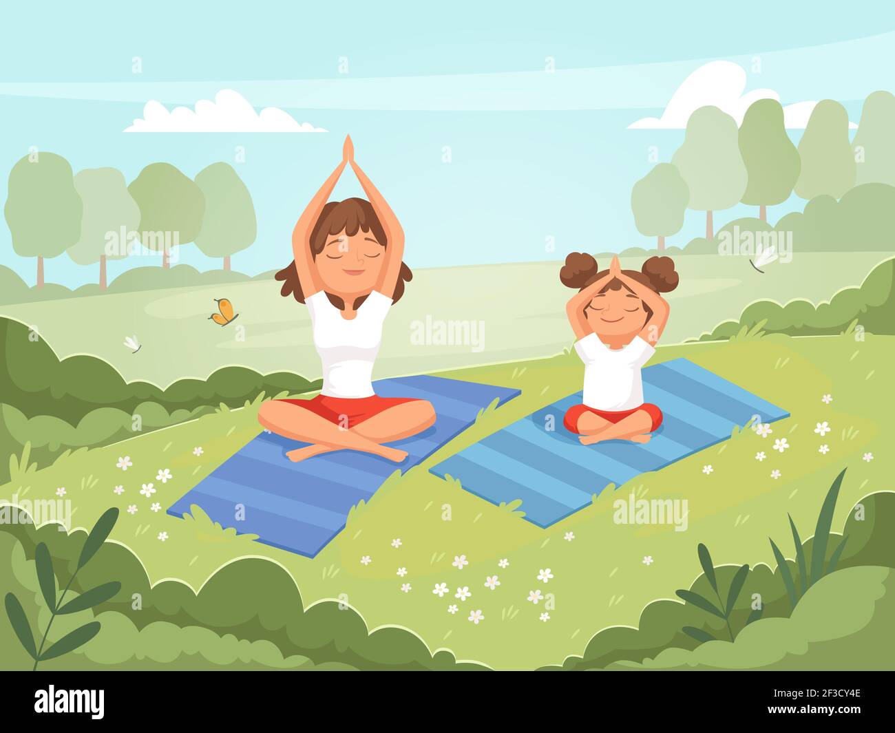 Yoga en famille. Mère et fille faisant des exercices à l'extérieur dans le parc yoga entraînement fitness compétences vecteur dessin animé fond Illustration de Vecteur