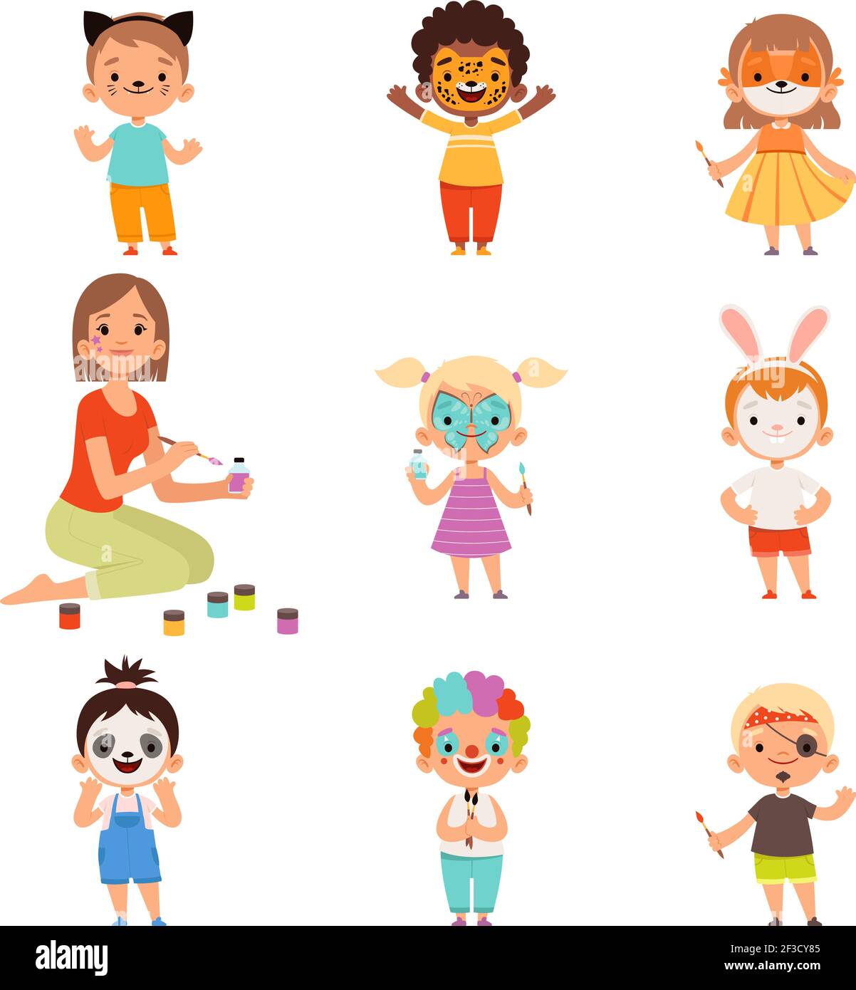 Peinture pour le visage des enfants. Animateur dessin et jeu avec des costumes de fête pour enfants maquillage vector dessin animé Illustration de Vecteur