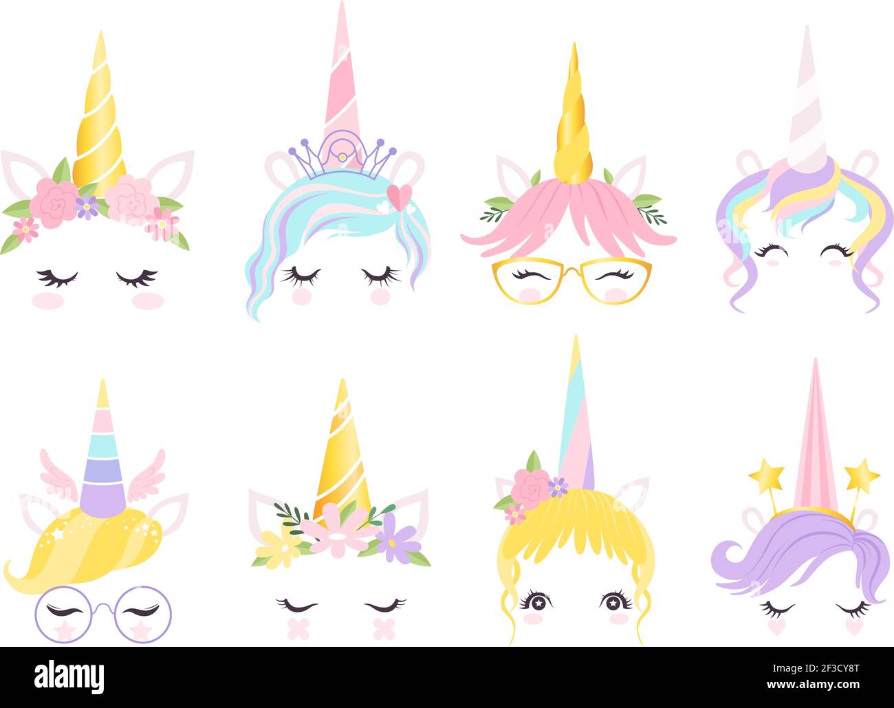 Face UNICORN. Fantasy cheval poney animal création kit oreilles tête corne yeux et cheveux lunettes vecteur mignon modèle Illustration de Vecteur