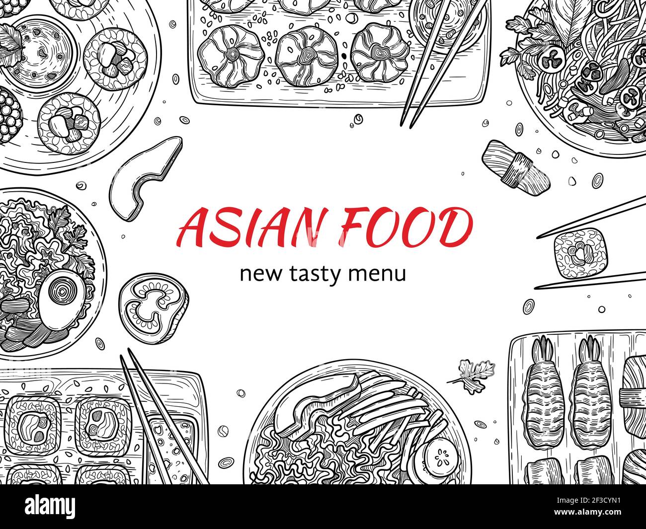 Cuisine asiatique. Restaurant traditionnel japonais délicieuse cuisine dans les plats doodles sushi vector fond Illustration de Vecteur