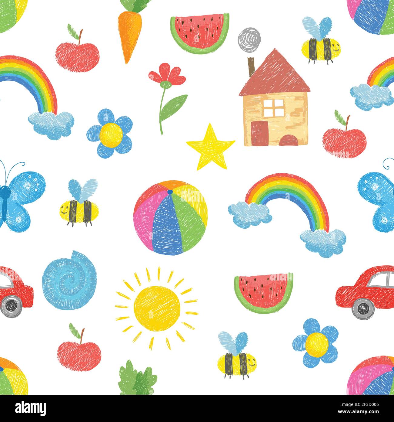 Motif de dessin pour enfants. Famille parents plantes jouets enfants objets colorés dessinés à la main pour la conception textile vecteur fond sans couture Illustration de Vecteur