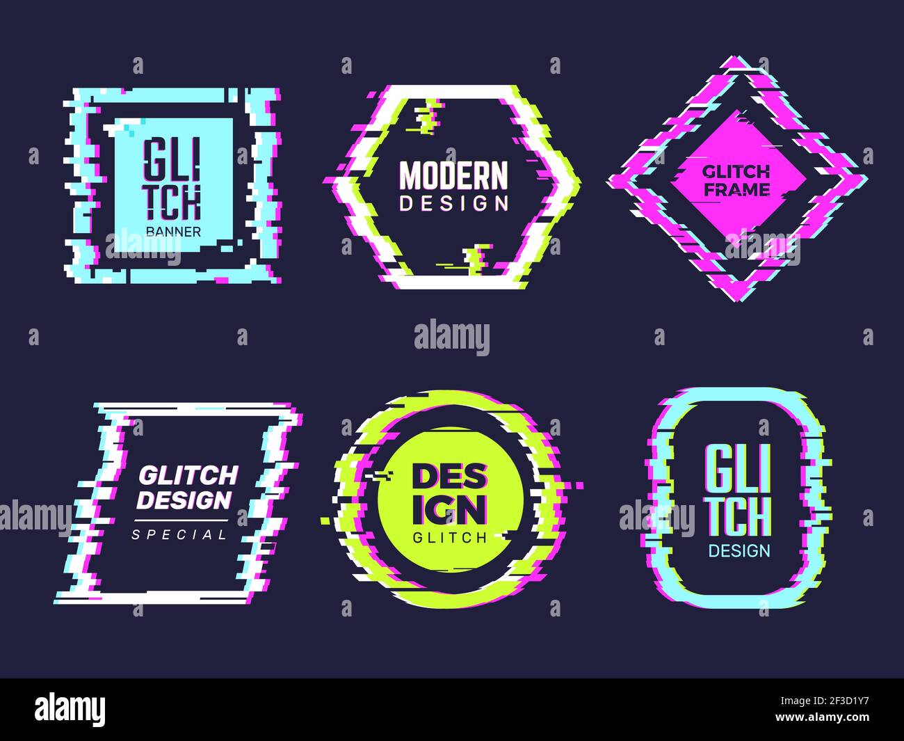 Bannières Glitch. Hipster affiche distorsion Glitch cadres cassés et badges texte modèle vecteur formes abstraites Illustration de Vecteur