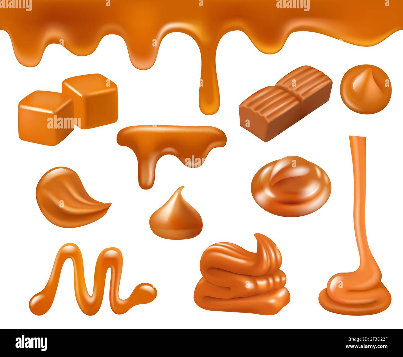 Caramel réaliste. Bonbons sucreries aliments liquides sauces caramel gouttes et éclaboussures collection vectorielle Illustration de Vecteur