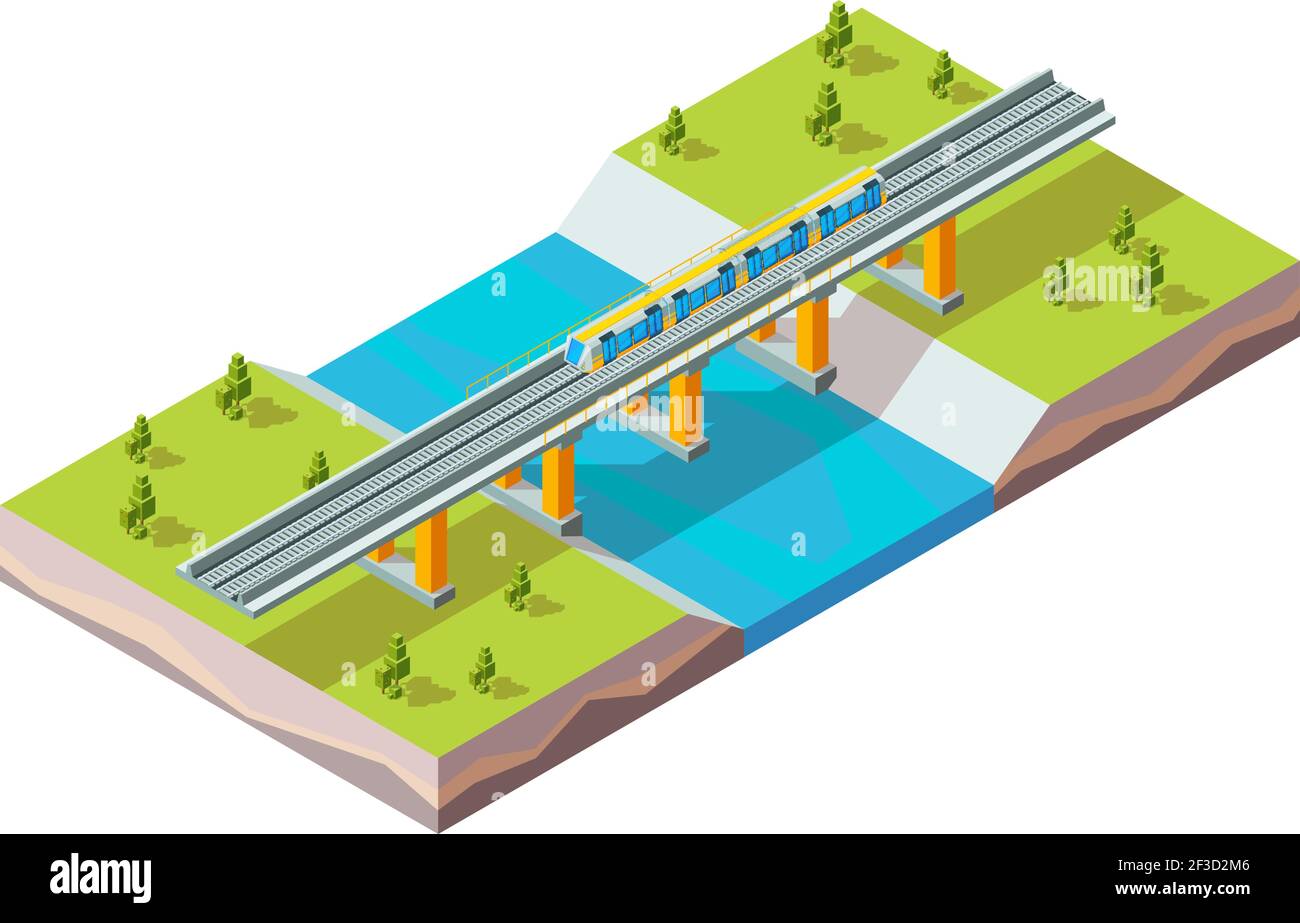 Viaduc ferroviaire. Train urbain au-dessus de la rivière moderne ville infrastructure chemin de fer vecteur isométrique Illustration de Vecteur