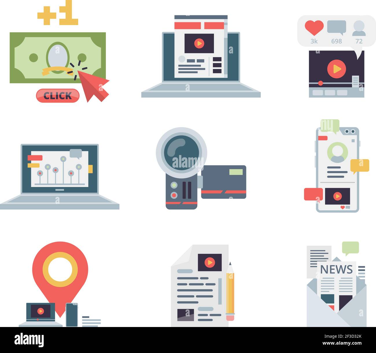 Icône de concept de blogging. Marketing gestion de contenu écriture des applications de lieu de travail symboles affiliation réseau social vecteur images plates Illustration de Vecteur