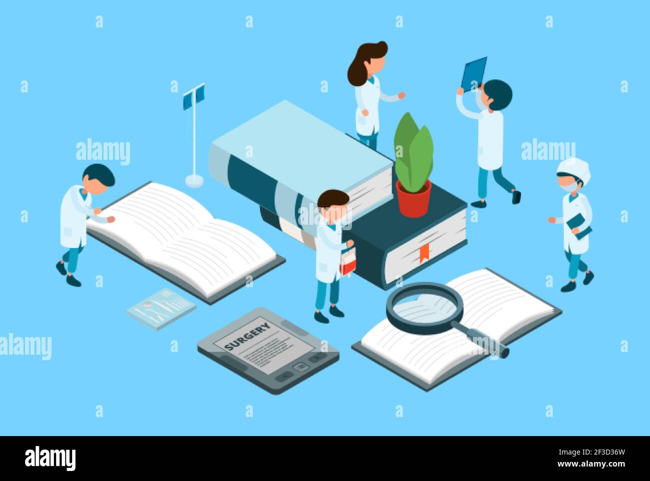 Éducation médicale. Études médicales, chirurgie concept isométrique. Livres, médecins infirmières personnages Illustration de Vecteur