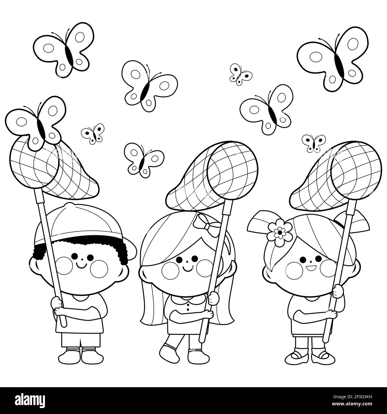 Les enfants avec des filets de papillon attrapant des papillons. Page de couleur noir et blanc Banque D'Images