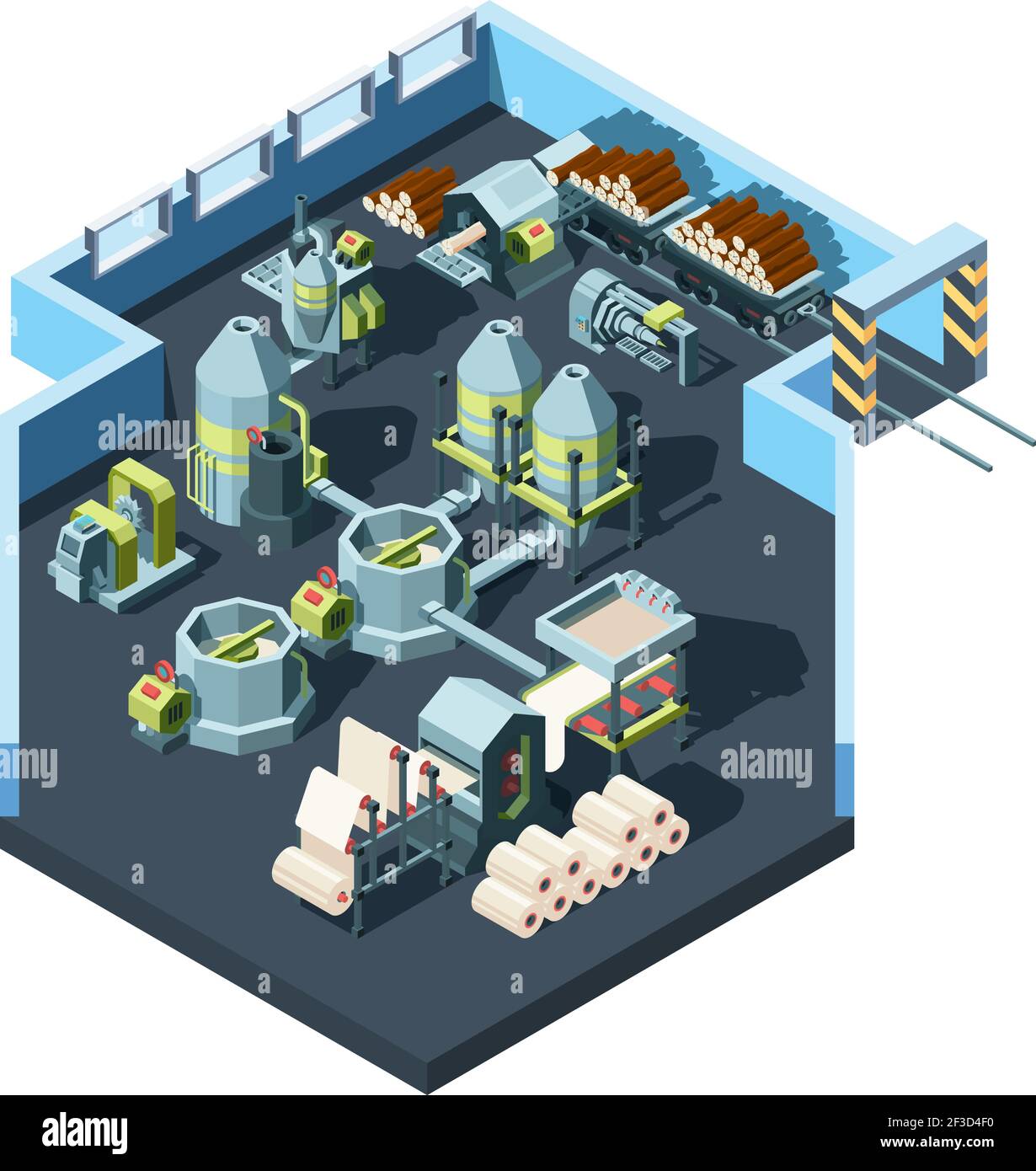 Usine de production de papier. Intérieur industriel avec machines pour la fabrication du papier à partir de bois presse vecteur concept isométrique de l'industrie Illustration de Vecteur