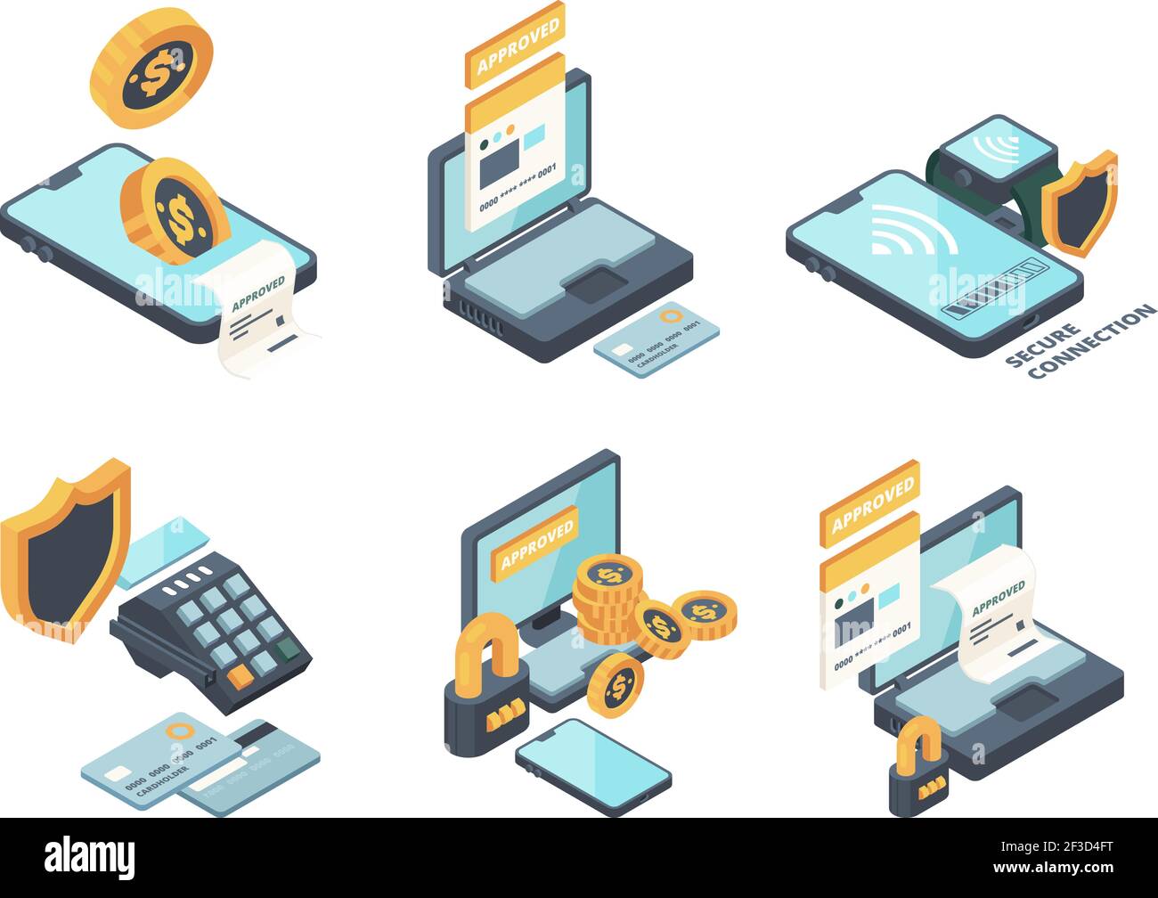 Paiements en ligne. Services bancaires numériques commandes en ligne par ordinateur connexion financée smartphone portefeuille et cartes vecteur icônes isométriques Illustration de Vecteur