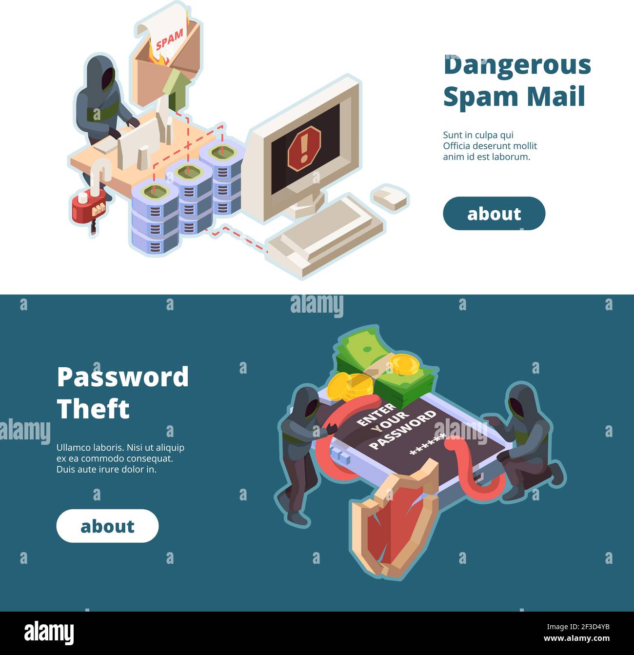 Bannières de cyber-sécurité. Hacker attaque spam e-mails virus voler de l'argent en ligne information protection des données vecteur images isométriques Illustration de Vecteur