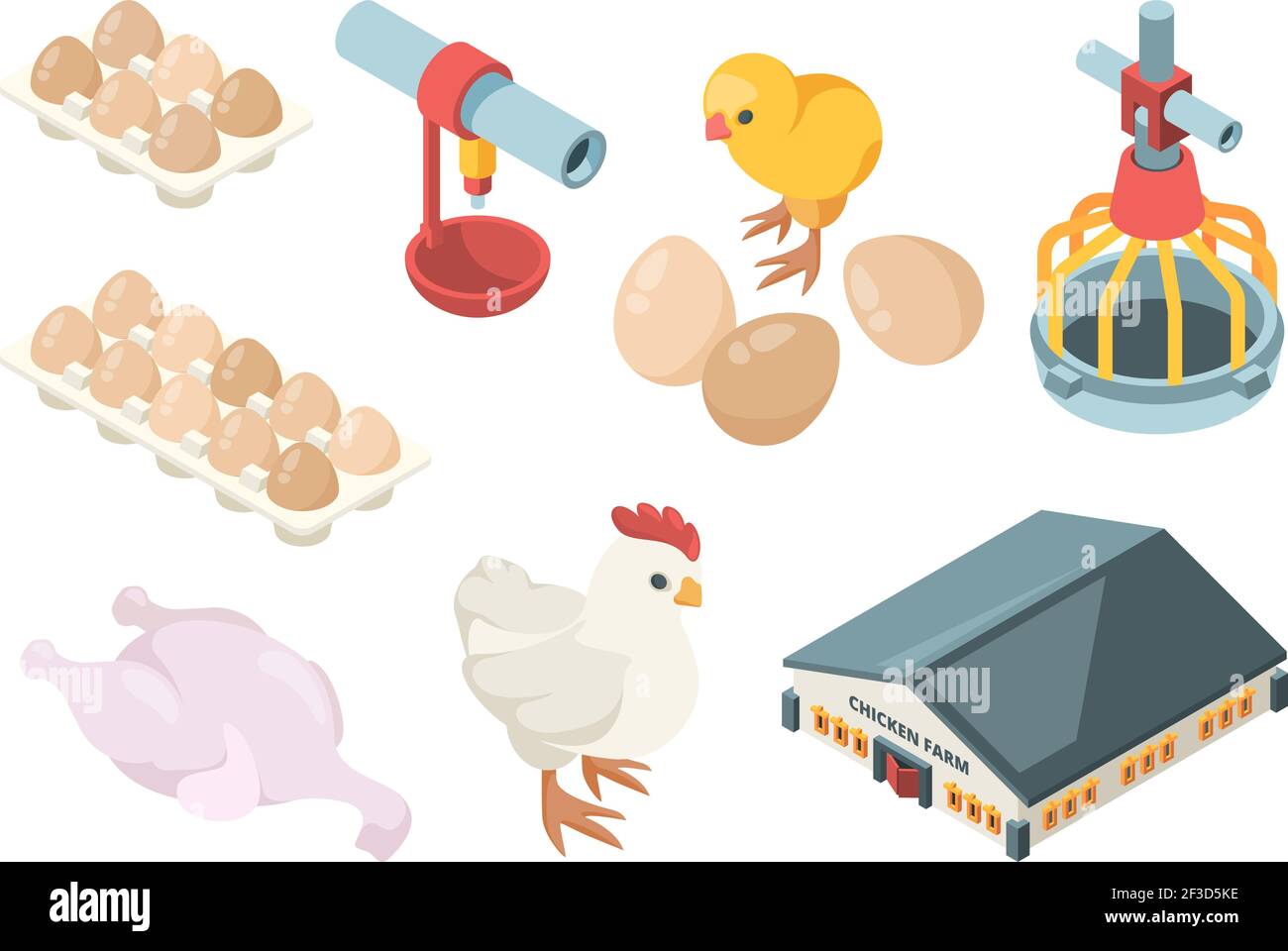 Production de poulet. Industrie agricole bio-biologique oiseaux nourrissant les travailleurs de la volaille et les bâtiments agricoles vecteur isométrique Illustration de Vecteur