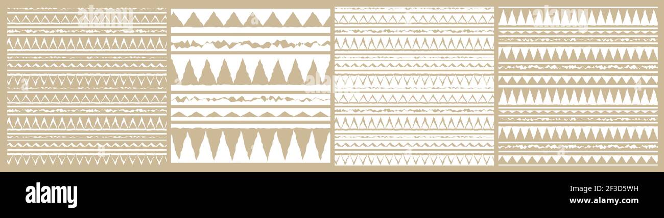 Ensemble de Monochrome vecteur pastel beige blanc abstrait géométrique sans couture bordure motif tribal. L'illustration contient des lignes graphiques, des points, des triangles. H Illustration de Vecteur