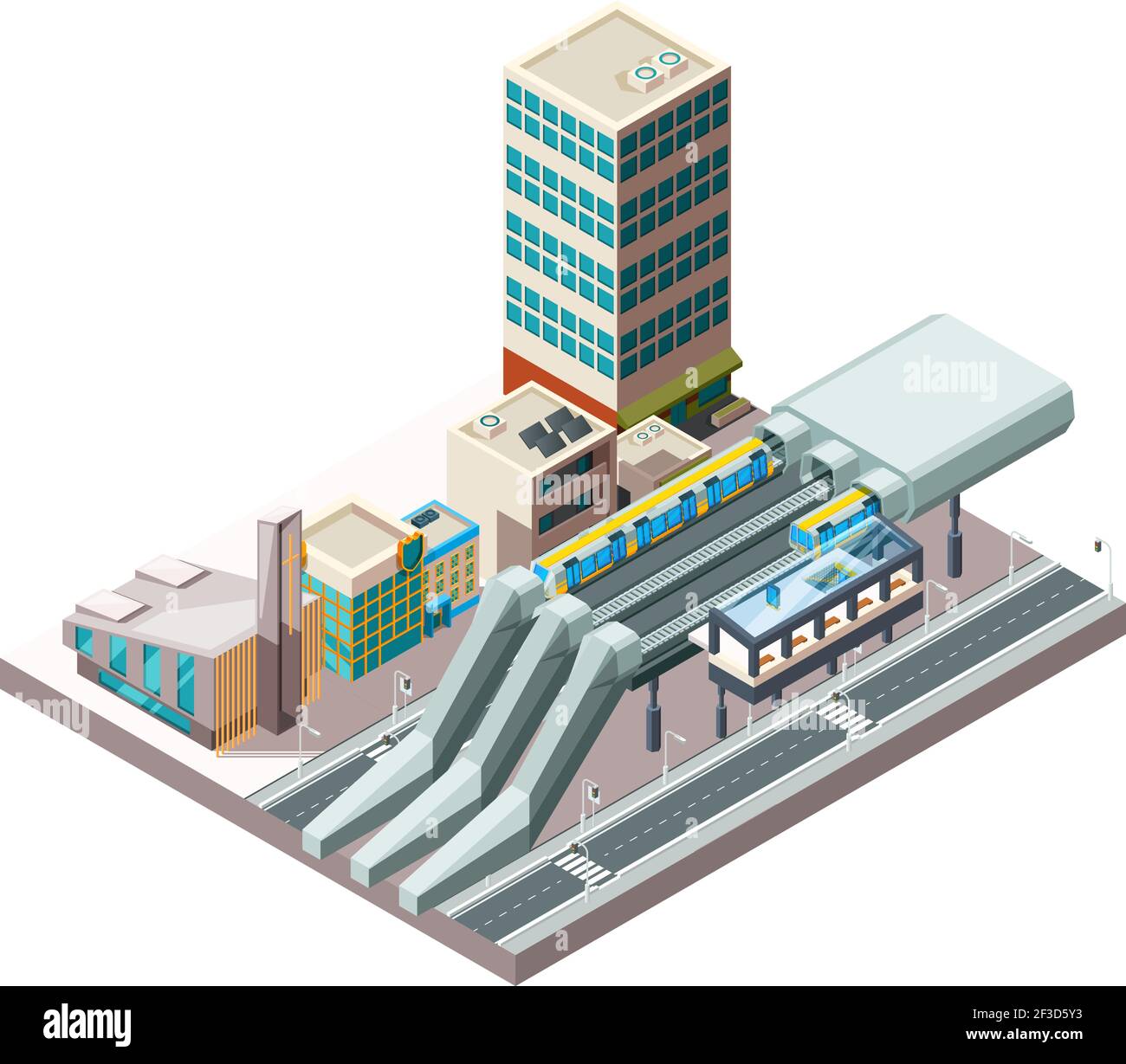 Gare. Métro transport public urbain dans l'architecture de la ville viaduc vecteur bâtiments isométriques Illustration de Vecteur
