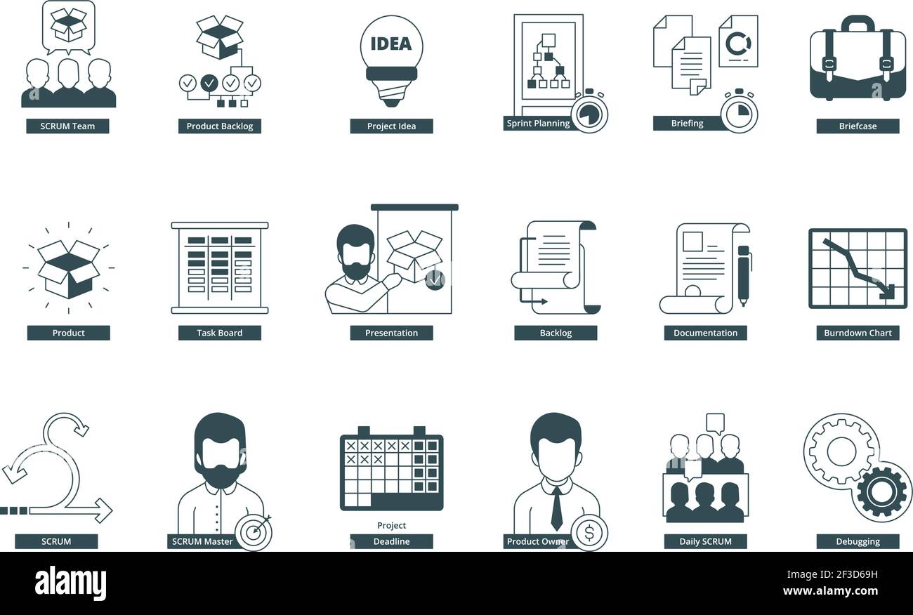 Icônes d'agilité. Scrum méthodologie réunion professionnelle maître de conférence agile vecteur collection de symboles Illustration de Vecteur