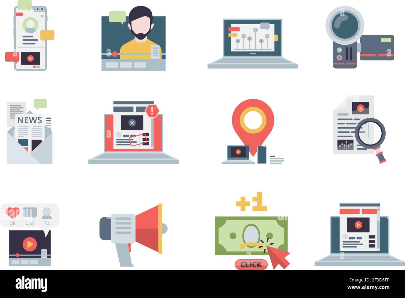 Icône de concept marketing. Gestion de contenu e-mail entreprise numérique blogging stratégie performances écriture de symboles vectoriels plat Illustration de Vecteur
