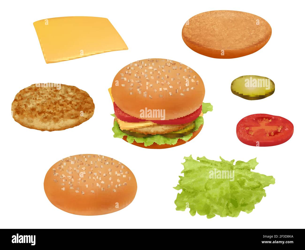 Hamburgher. Ingrédients alimentaires rapides réalistes légumes tomate repas de boeuf salade délicieux vecteur alimentaire constructeur Illustration de Vecteur