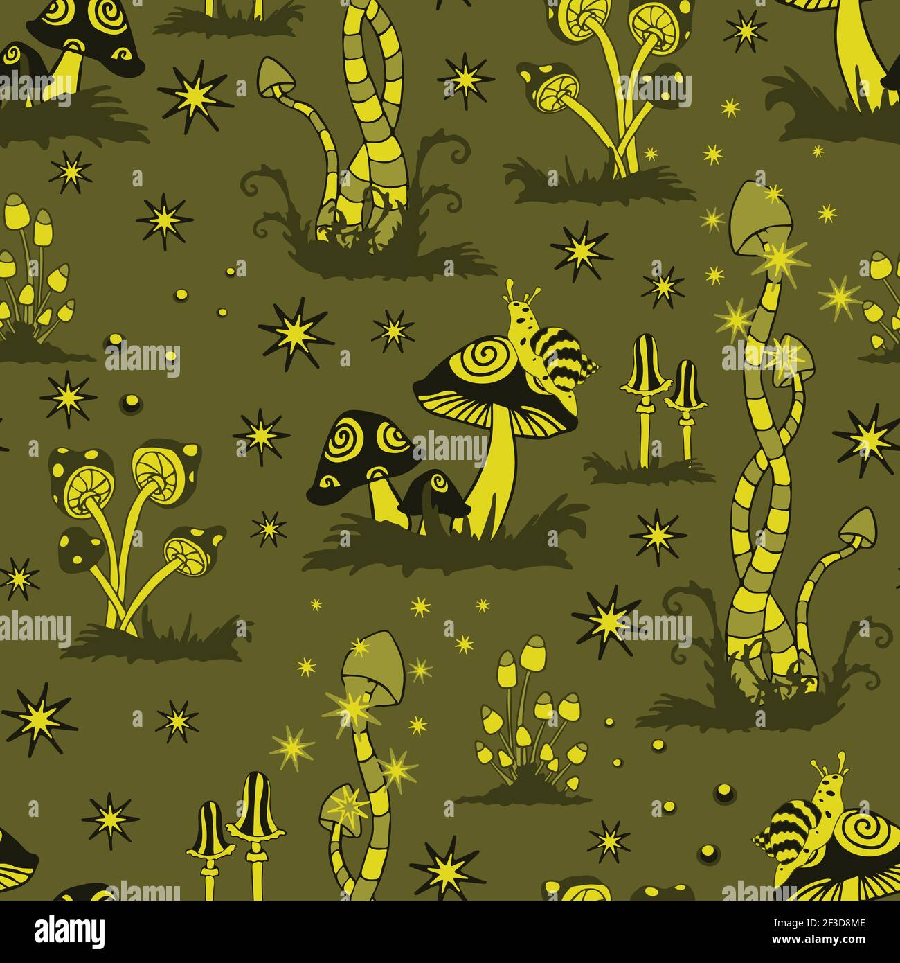 Motif vectoriel sans couture avec champignons magiques sur fond vert. Papier peint forêt jaune brillant. Textile de mode fantaisie. Illustration de Vecteur