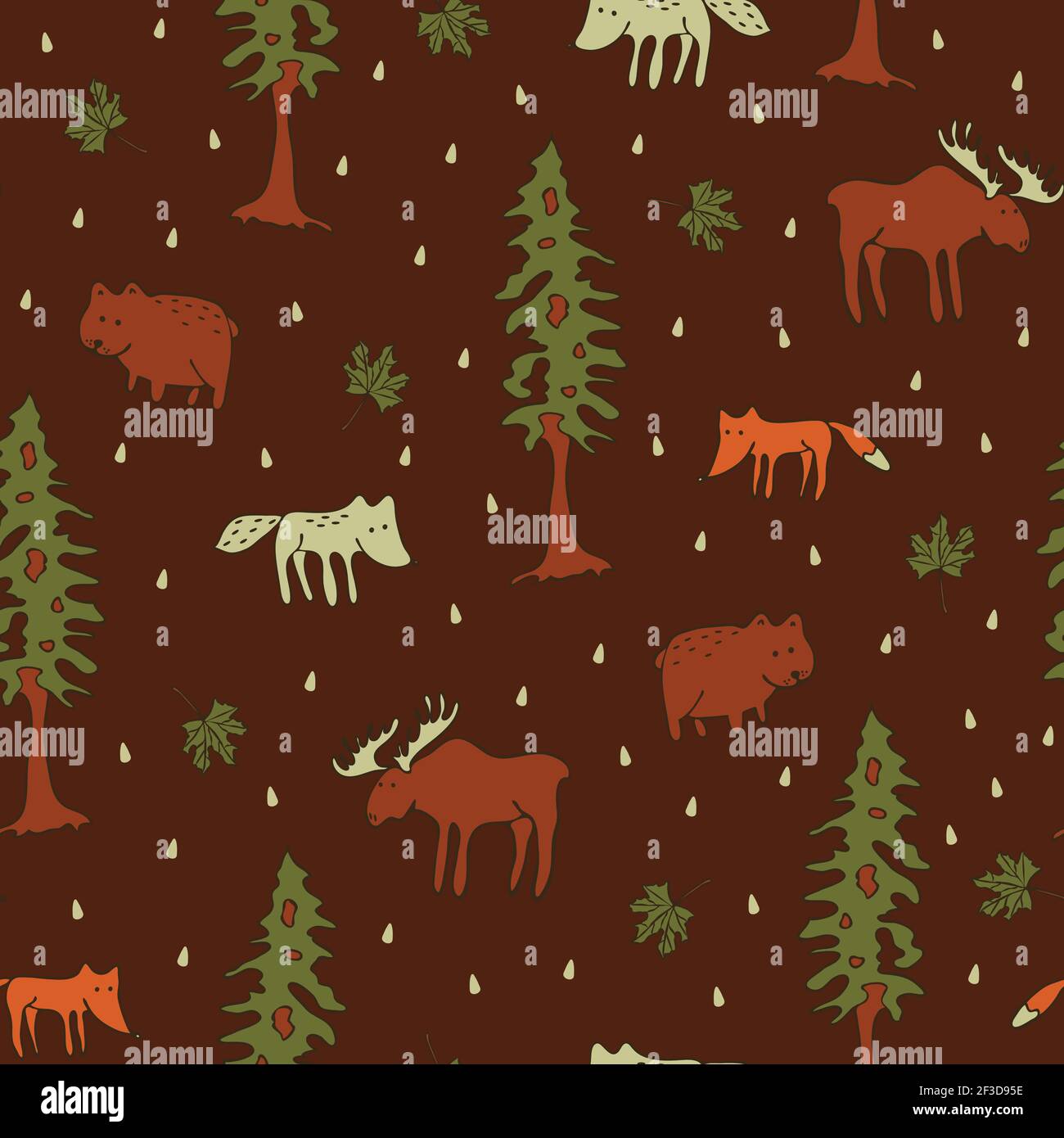 Motif vectoriel sans couture avec animaux forestiers sur fond marron. Joli papier peint dessiné à la main avec renard, loup et ours. Textile de mode pour enfants. Illustration de Vecteur