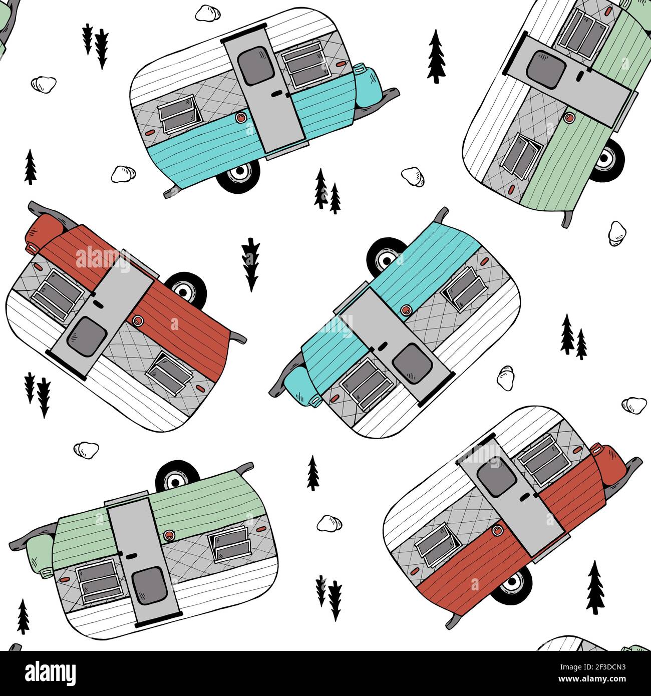 Illustration d'un motif sans couture Vector Trees, Rocks et Vintage Caravan Doodle style. Imprimé fourgonnette rétro pour un design textile de mode. Illustration de Vecteur