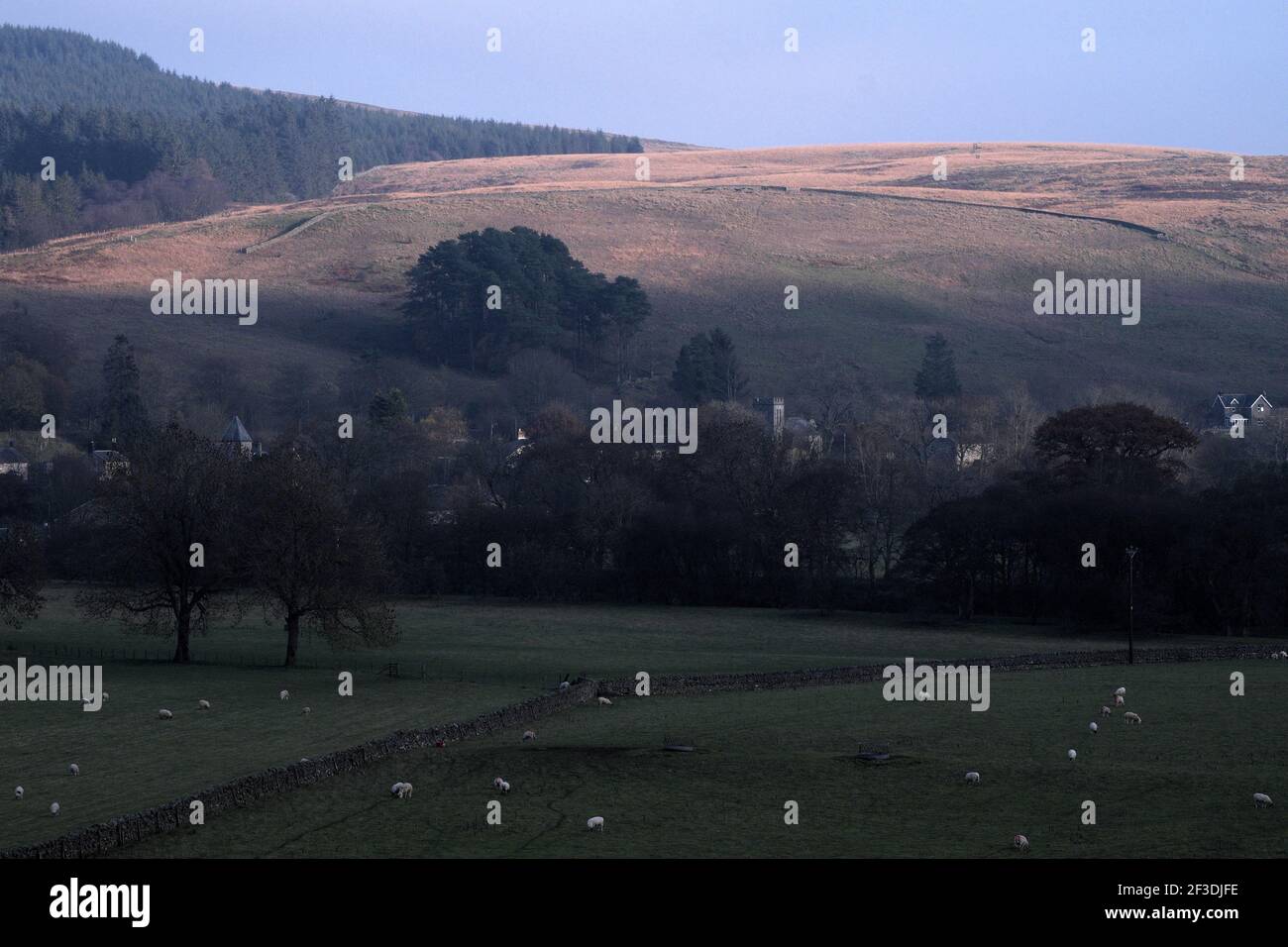 Lumière du soir sur un village rural, Northumberland, Angleterre, Royaume-Uni (Falstone, vallée de la Tyne du Nord) Banque D'Images