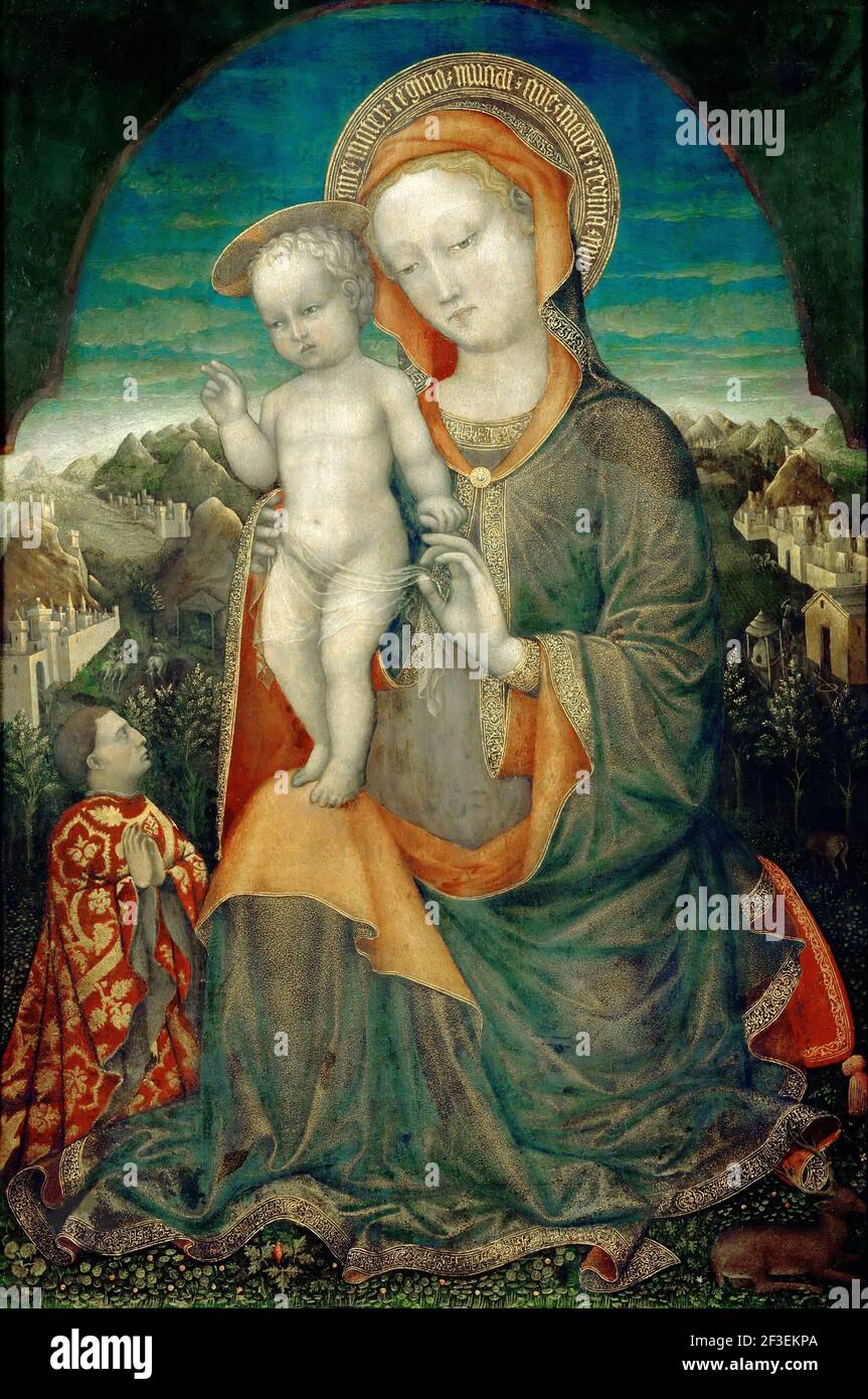 La Madonna de l'humilité adorée par Lionello d'Este, vers 1445. Trouvé dans la collection de Mus&#xe9;e du Louvre, Paris. Banque D'Images