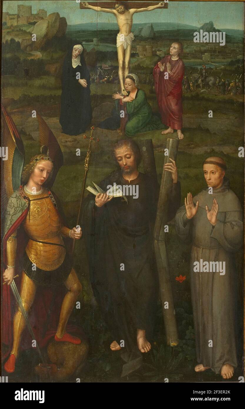 La Crucifixion avec les saints Michael l'Archange, Andrew, et François d'Assise, c. 1510. Trouvé dans la collection de Szepmuveszeti Muzeum, Budapest. Banque D'Images