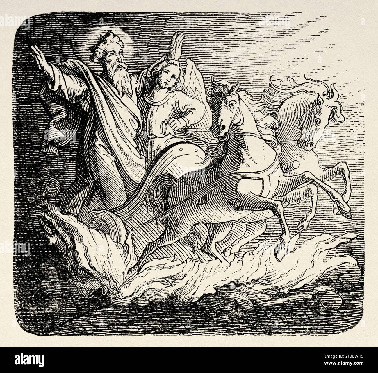 L'ascension d'Elias. Élie est emmené au ciel dans un char de feu. Kings livre. Ancien Testament, ancien XIXe siècle illustration gravée de l'Histoire de la Bible 1883 Banque D'Images