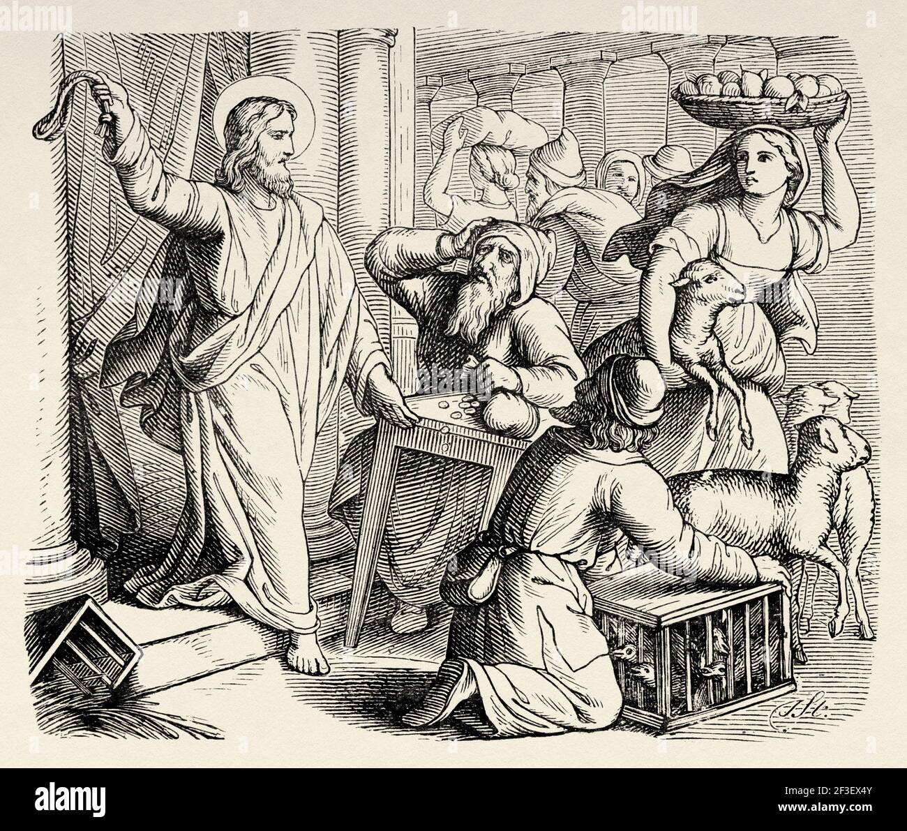 Les acheteurs et les vendeurs chassés du Temple par Jésus Christ. Nouveau Testament, ancien XIXe siècle illustration gravée de l'Histoire de la Bible 1883 Banque D'Images