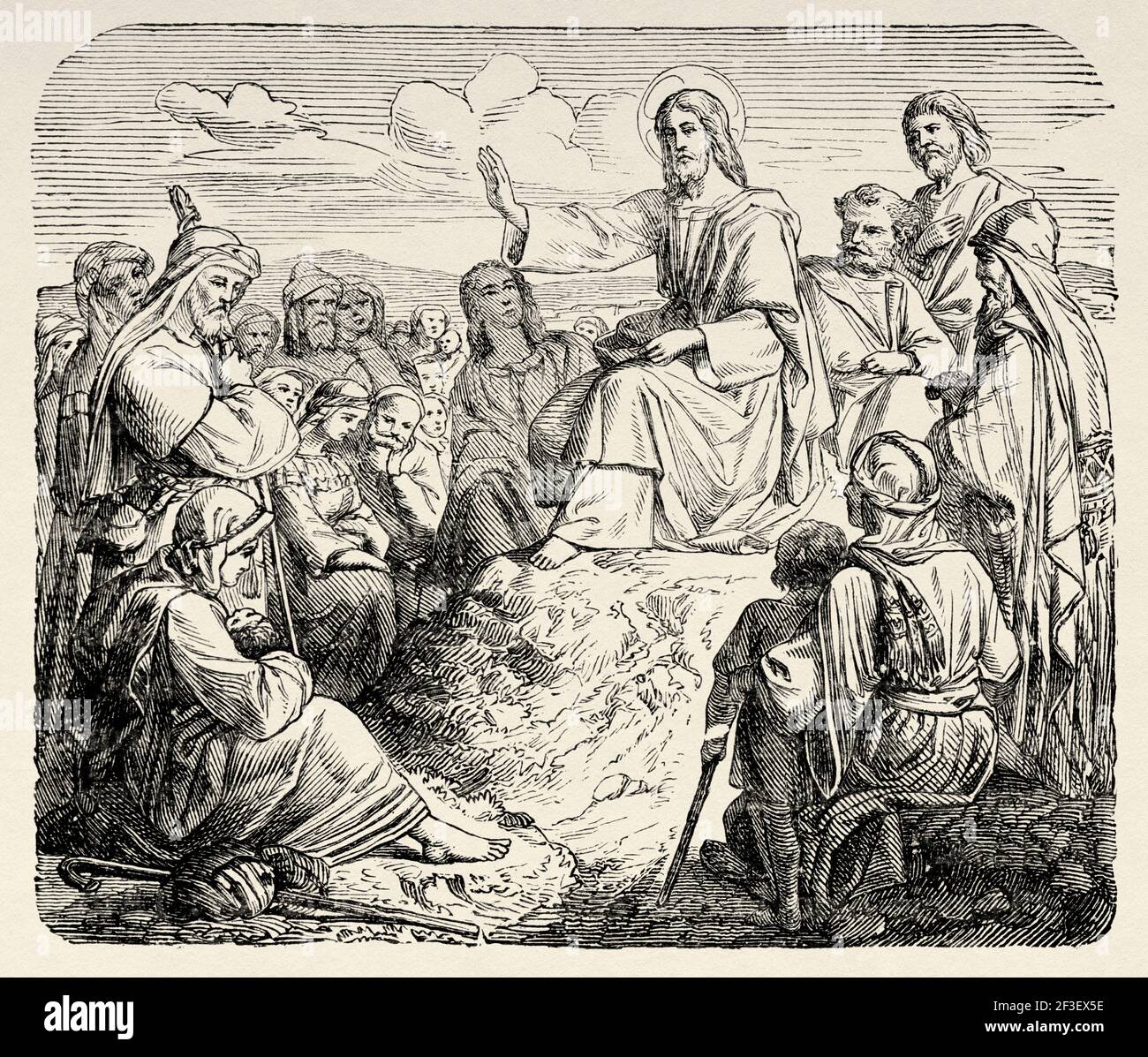 Sermon sur le Mont. Notre Seigneur Jésus prêchait les huit Béatitudes. Matthew livre, Nouveau Testament, ancien 19e siècle illustration gravée de l'Histoire de la Bible 1883 Banque D'Images