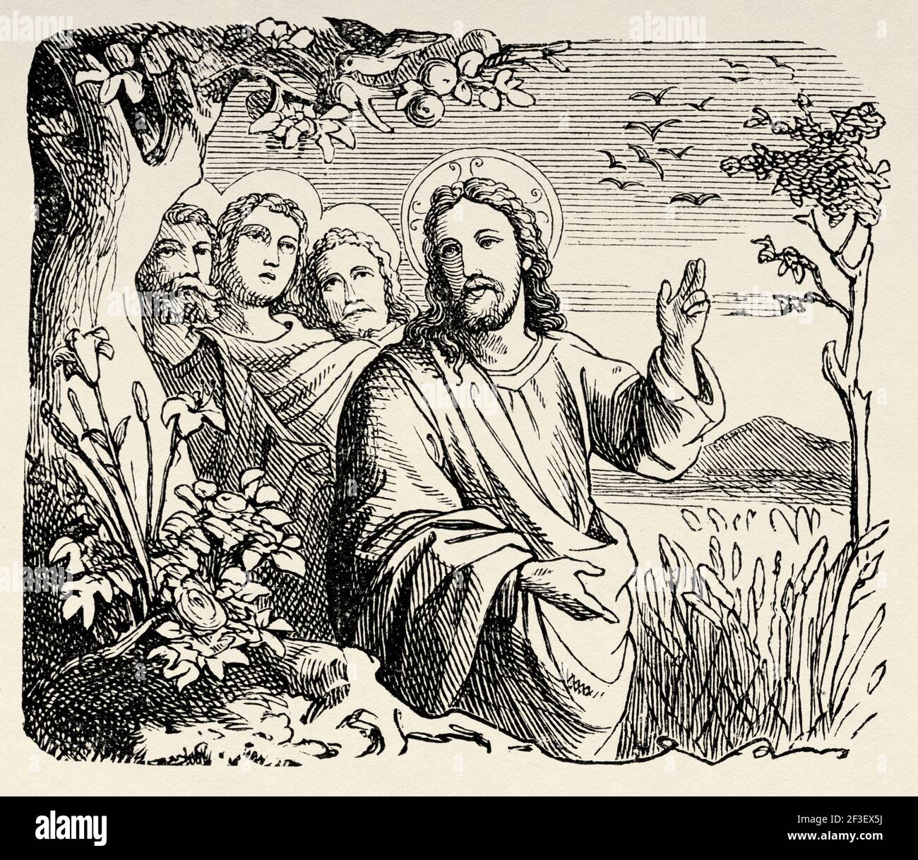 Notre Seigneur Jésus prêchait les huit Béatitudes. Matthew livre, Nouveau Testament, ancien 19e siècle illustration gravée de l'Histoire de la Bible 1883 Banque D'Images