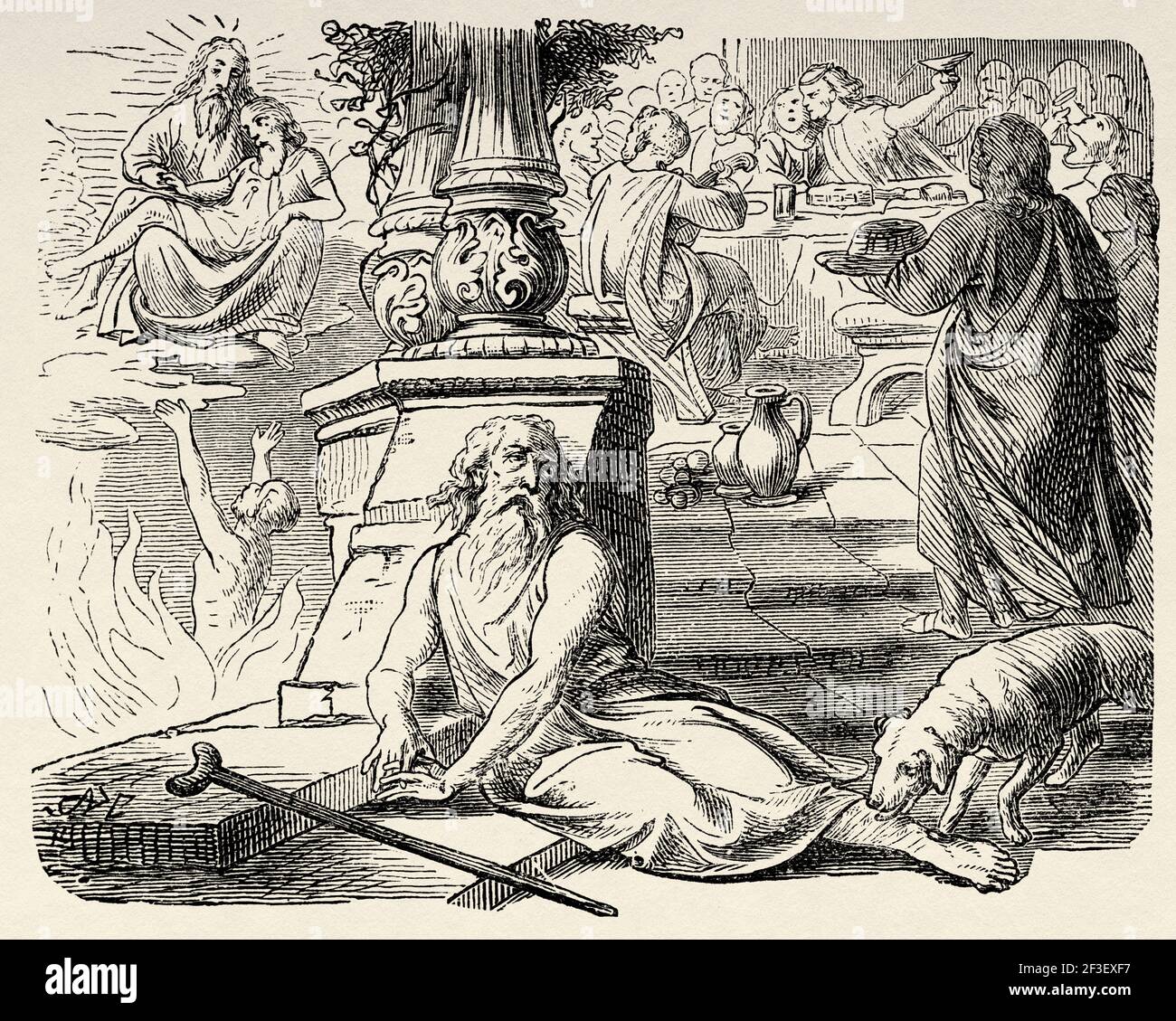 Parabole de l'homme riche et pauvre Lazarus. Pécheur va en enfer, mendiant au ciel, Luc 16. Nouveau Testament, ancien XIXe siècle illustration gravée de l'Histoire de la Bible 1883 Banque D'Images