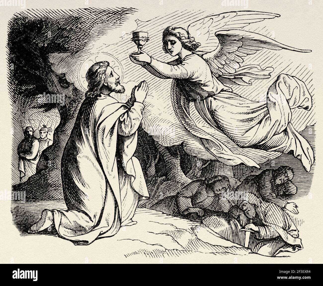 Agonie dans le jardin. Notre Seigneur Jésus prie à Getsemani sur le Mont des oliviers. Matthew livre, Nouveau Testament, ancien 19e siècle illustration gravée de l'Histoire de la Bible 1883 Banque D'Images