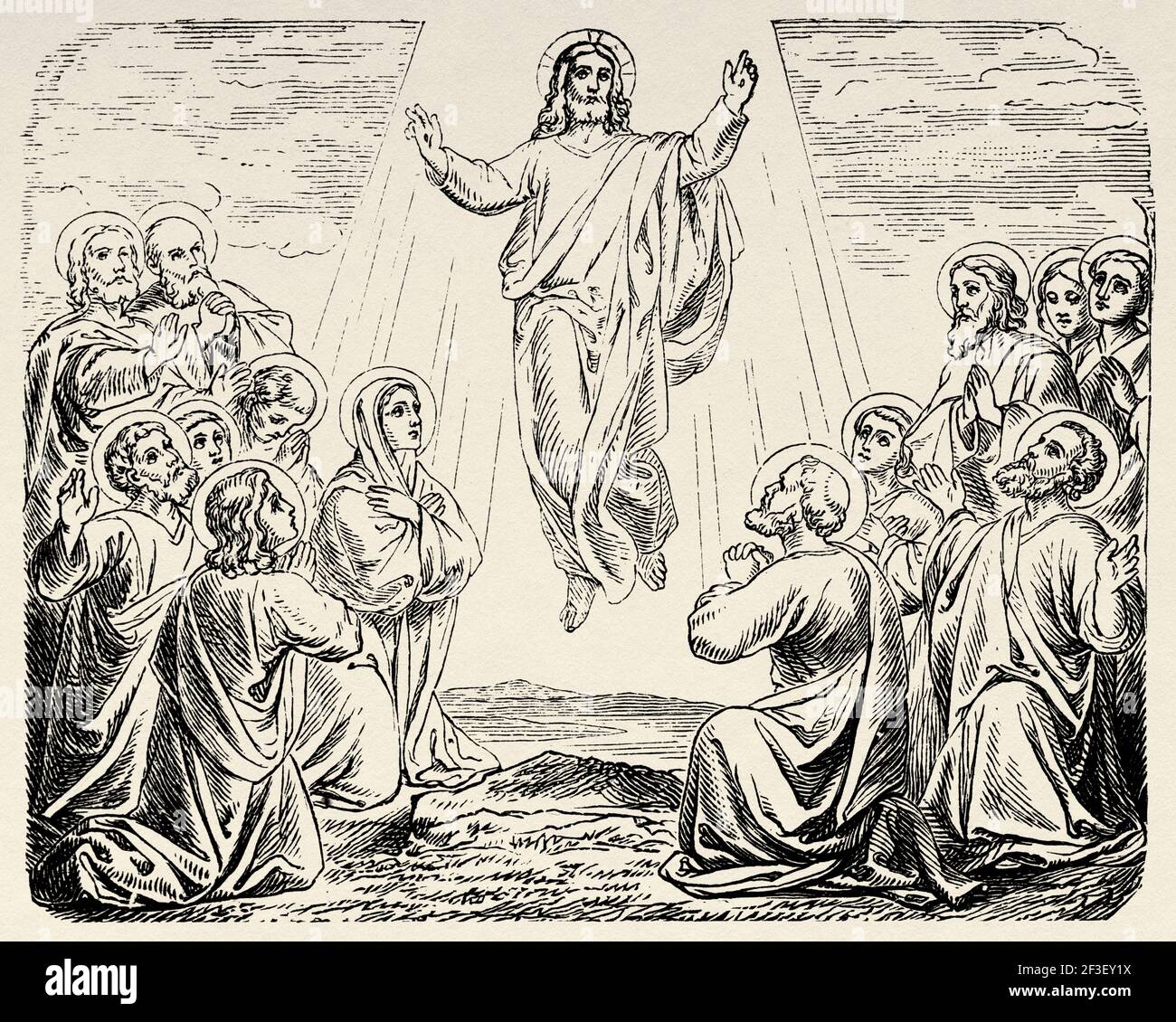 L'ascension du Christ. Notre Seigneur Jésus, fils de Dieu, monte dans les cieux devant les apôtres. Luke livre, Nouveau Testament, ancien 19e siècle illustration gravée de l'Histoire de la Bible 1883 Banque D'Images