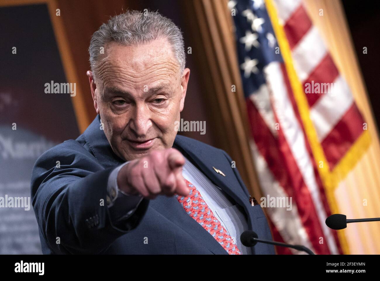 Washington, États-Unis. 16 mars 2021. Le chef de la majorité au Sénat Charles Schumer, de New York, tient une conférence de presse au Capitole des États-Unis à Washington, DC, le mardi 16 mars 2021. Photo de Kevin Dietsch/UPI crédit: UPI/Alay Live News Banque D'Images