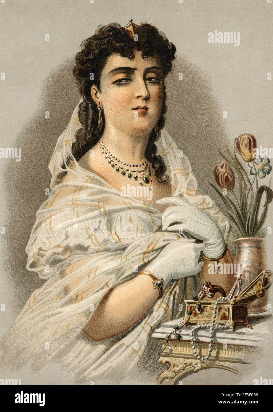Vanity, femme. La vanité représentée dans le portrait d'une dame, vêtue de vêtements traditionnels du XIXe siècle. Illustration de la lithographie de couleur de l'ancien XIXe siècle d'El Mundo Ilustrado 1879 Banque D'Images