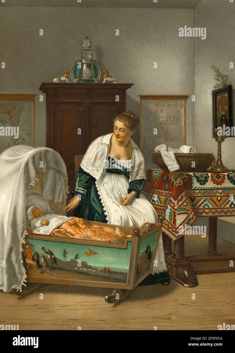La jeune mère, un tableau de F. Willems. Illustration de la lithographie de couleur de l'ancien XIXe siècle d'El Mundo Ilustrado 1879 Banque D'Images