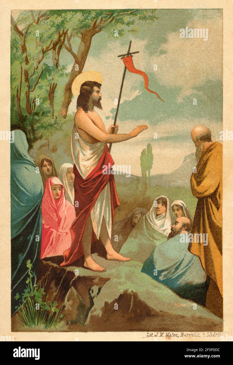 Saint Jean le Baptiste prêchant à une foule. Ancienne lithographie de couleur du XIXe siècle illustration de Jésus Christ par Veuillot 1890 Banque D'Images