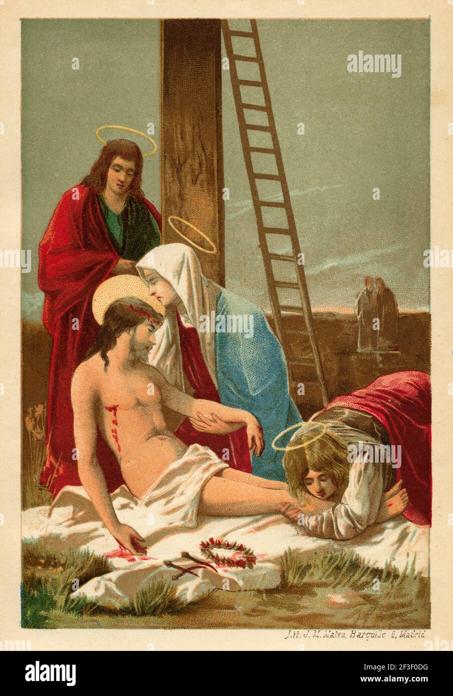 Jésus est descendu de la croix. Ancienne lithographie de couleur du XIXe siècle illustration de Jésus Christ par Veuillot 1890 Banque D'Images
