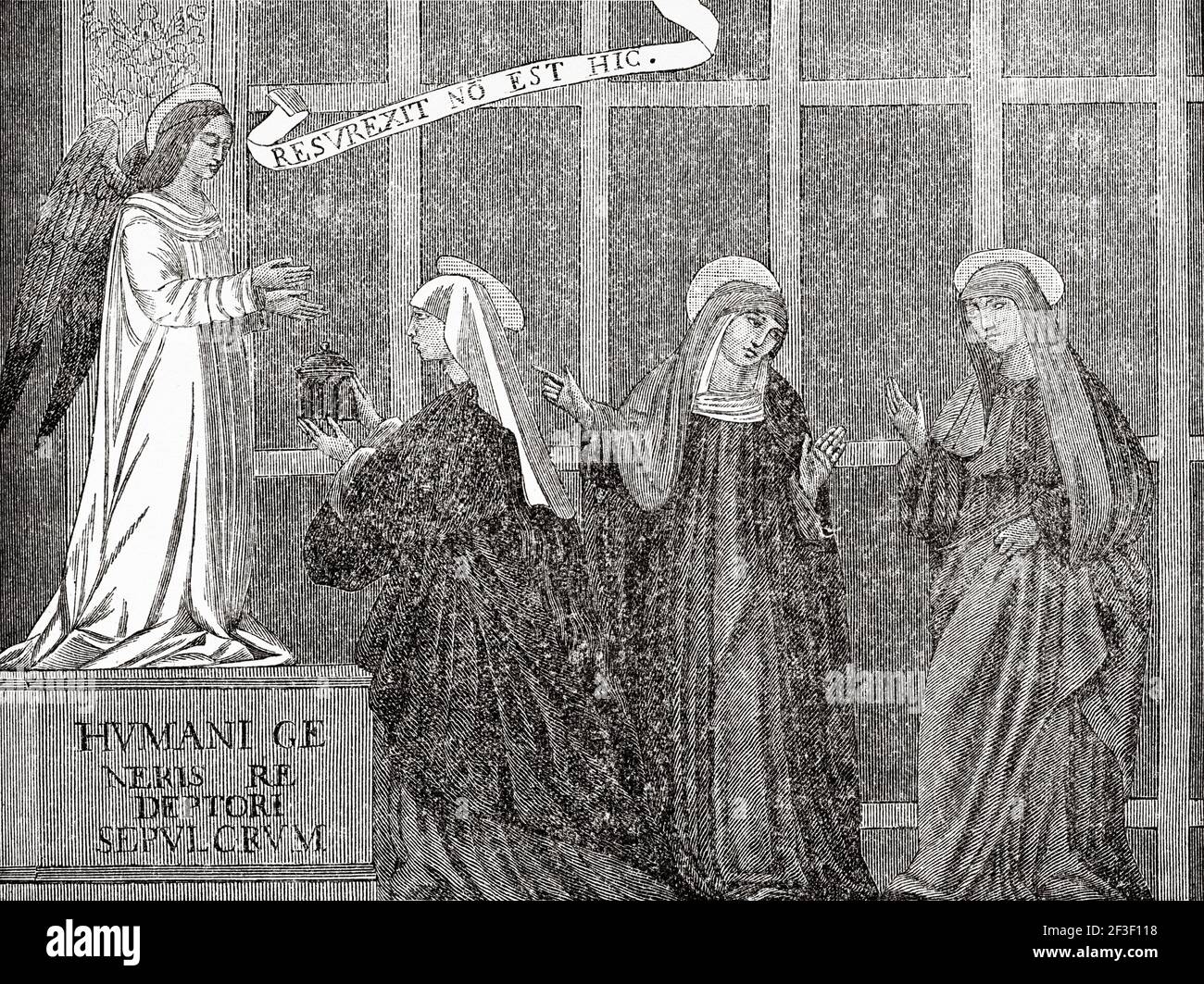 Femmes à la tombe de Jésus. Un ange annonce la résurrection de notre Seigneur Jésus, fils de Dieu, aux femmes saintes. Mark Book, Nouveau Testament. Ancienne illustration gravée du XIXe siècle de Jésus-Christ par Veuillot 1890 Banque D'Images