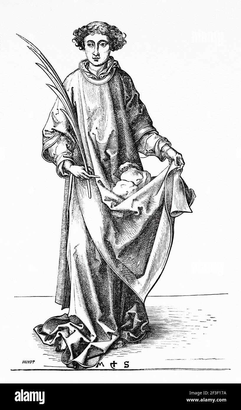 Saint Stephen portant les pierres du martyre. Ancienne illustration gravée du XIXe siècle de Jésus-Christ par Veuillot 1890 Banque D'Images