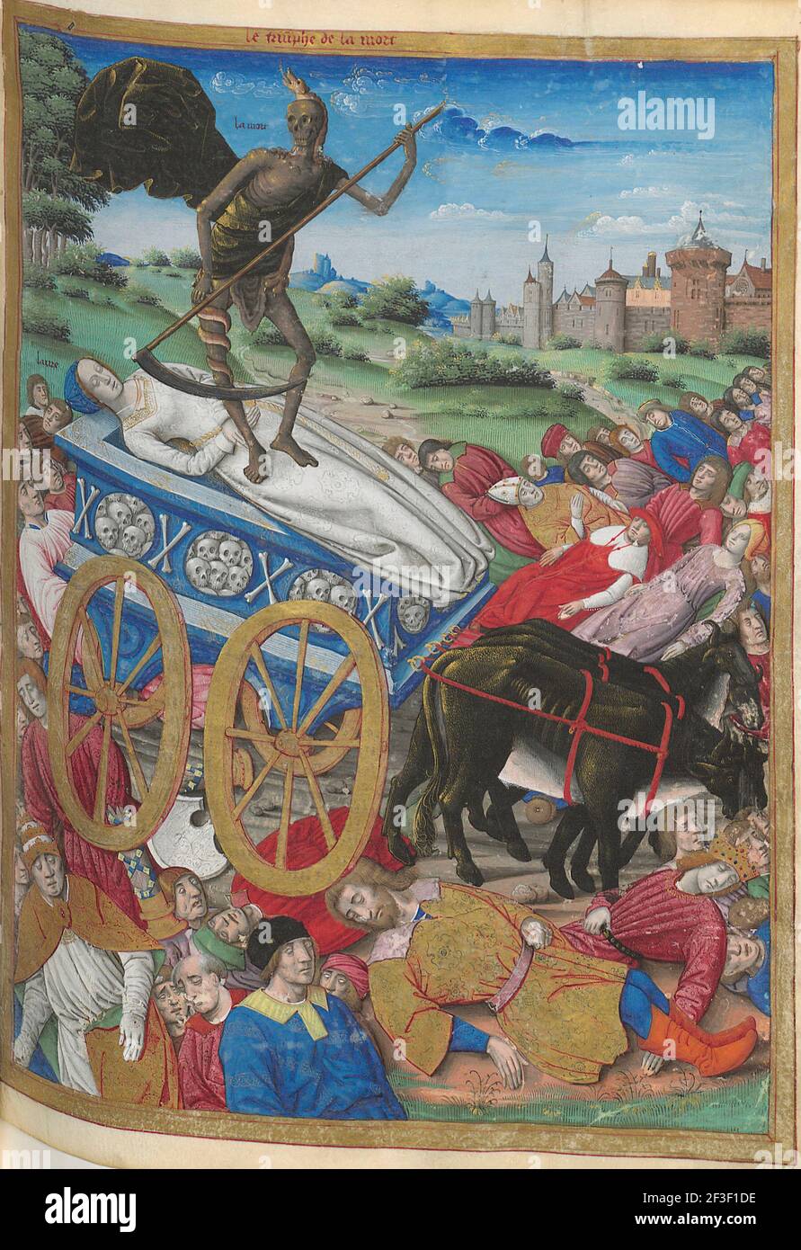 Le triomphe de la mort : la mort de Laura. Miniature de P&#xe9;trarque, les Triomphes, 1500-1505. Trouvé dans la collection de la Bibliothèque et#xe8; que nationale de France. Banque D'Images