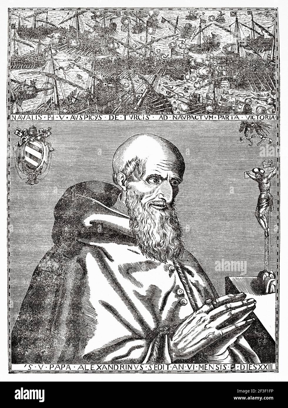 Portrait du Pape Pie V (Bosco 1504 - Roma 1572) Antonio Michele Ghislieri. Ancienne illustration gravée du XIXe siècle de Jésus-Christ par Veuillot 1890 Banque D'Images